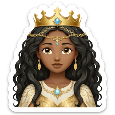 a black beautiful angel with gold pattern on her face and and long wavy black hair, she wears a ethereal crown with sparkling strings and a beautiful sparkling golden gown with moon crest in the middle of the gown, her face calm, gentle and kind, magical aura around her sticker