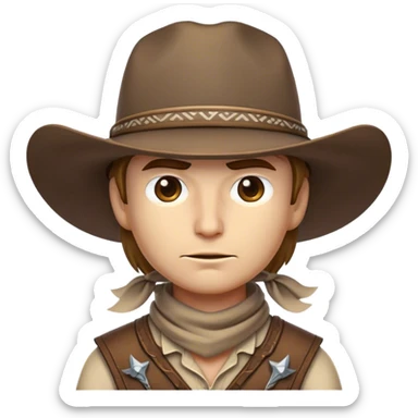Clash of Clans aesthetic friendly Cowboy Portrait Emoji, With a rugged yet stylized build wearing a classic wide-brimmed hat and bandana, his face rendered in a natural skin tone (not yellow), determined eyes and a steely gaze, Simplified yet dynamic features, highly detailed, glowing with a warm, sunlit frontier radiance, high shine, brave and spirited, stylized with an air of Wild West heroism, focused and ready, soft glowing outline, capturing the essence of a fearless cowboy adventurer ready to ride into epic quests! sticker