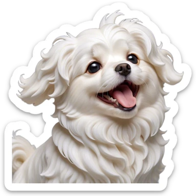 Cinematic Cute Yawning Wavy-Haired Maltese dog Portrait Emoji, Head tilted slightly with a dramatic, wide-open yawn, showcasing a lustrous, wavy-haired white coat with gentle highlights, floppy ears slightly drooping, round dark eyes barely open in drowsy contentment, Simplified yet irresistibly adorable features, highly detailed, glowing with a soft, cozy glow, high shine, relaxed yet expressive, stylized with a touch of whimsy, bright and endearing, soft glowing outline, capturing the essence of a sleepy yet affectionate companion, so drowsy it feels like it could stretch right out of the screen and curl up for a nap! sticker