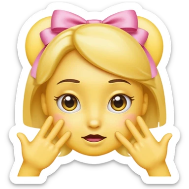 Cute yellow emoji face with big pleading shiny eyes, raised curved eyebrows, small shy smile, and both hands pointing index fingers toward each other. Add two small pink satin bows on top corners of the head. iOS-style, smooth digital look sticker