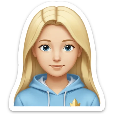 Woman with blonde straight hair and side part, serene smile, dreamy eyes, wearing a light blue fantasy-sporty hoodie with golden and white details sticker