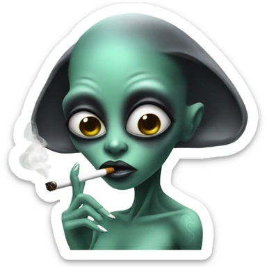 alien smoking a black cigarrete with an tatto in her forehead sticker