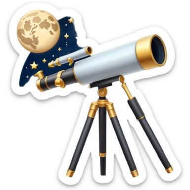 An icon featuring a telescope, stars, and a planet, symbolizing astronomy. The design includes a crescent moon, distant galaxies, and constellations, representing the study of space and celestial bodies. Transparent background highlights the exploration of the universe and cosmic phenomena. sticker