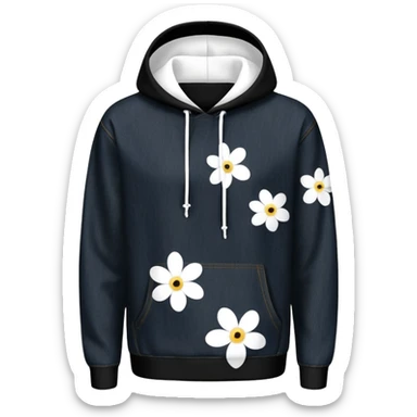 The BLACK Denim Tears Hoodie features a black base with distinctive white open flower spots with empty space in the middle, These hollow ring-like patterns are scattered across. BLACK AND WHITE FLOWERS sticker