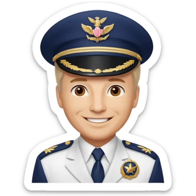 A light-skinned mid-aged man with brown eyes, smiling while wearing a white captain’s hat with a navy emblem. sticker