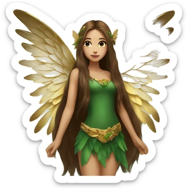 big wings, Beautiful, fairy, gold, brown, dark green, green, long hair sticker