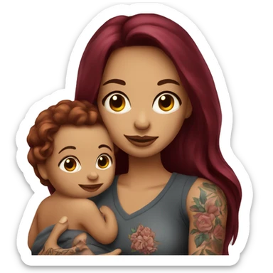 Beautiful tattooed burgundy long haired woman holding a baby sticker