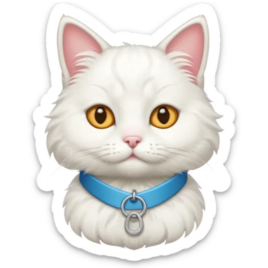 A WHITE CAT with a name tag that says mat sticker