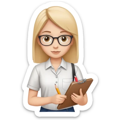 intern or volunteer holding a clipboard and pencil, ready to take notes or assist. The character wears a simple shirt and has an eager posture sticker