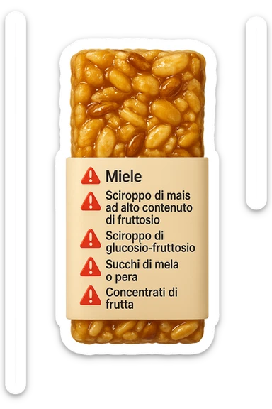 SU QUESTO STILE FAI UN EMOJI STILE IPHONE 3D DI UNa barretta ai cereali con ETICHETTA CON GLI INGREDIENTI SCRITTI, "miele, sciroppo di mais ad alto contenuto di fruttosio, sciroppo di glucosio-fruttosio, succhi di mela o pera,
concentrati di frutta" accanto ad ogni nome scritto mettici un segnale di allarme, FALLO MOLTO REALISTICO IN 3D sticker