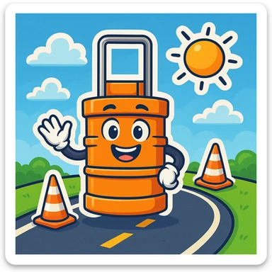 Make a fun cartoon scene with the orange road construction barrel as the main character. Add a bright, playful background with a road, some traffic cones, and a blue sky with clouds in the style of cartoonish stickers. sticker