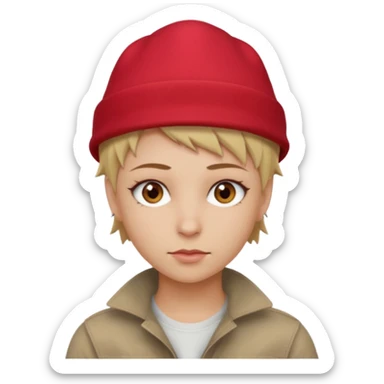 masc lesbian hazel eyes dirty blonde short spiky hair red hat sticker