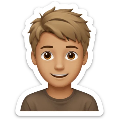 create an emoji of a teenage man, slightly tanned face, smile. he has an cool look, very very messy dark blonde hair, dark brown eyes, natural lips. he wears a short sleeve very brown shirt sticker