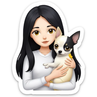 Fair skin girl - long black hair - white clothes - hugging a black, yellow and white Chihuahua sticker
