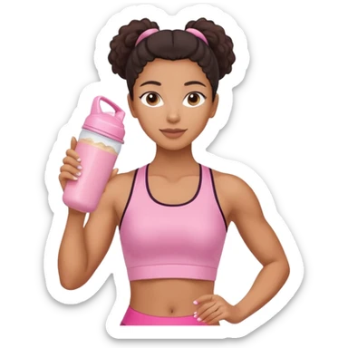Mixed-race athletic woman with caramel skin, pastel pink shaker bottle and protein bar in hand, minimal background sticker