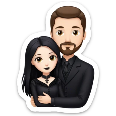 tall white man with brown hair goatee mustache hugging a goth woman with long black hair, wearing formal clothing sticker