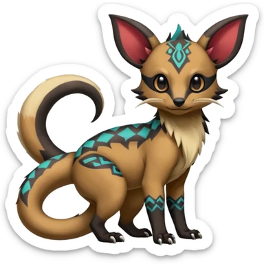 Rare warm-colored exotic cute epic aesthetic gothic colorful Salandit-Eevee-Civet-species-Fakemon-hybrid-creature, with tribal tattoo markings, full body sticker