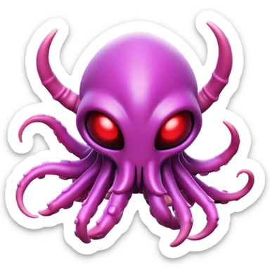 Clash of Clans aesthetic: Cinematic Playful Zerg Alien Emoji, rendered in a 3D vector-style similar to standard emojis with minimal shading and bold, simplified shapes. A compact, isometric, otherworldly creature with insectoid, organic details and subtle, eerie tentacles, softly glowing with a sinister alien charm. Simplified yet unmistakably iconic, highly detailed and consistent, glowing with a soft, spectral radiance and high shine. Stylized with a touch of bio-engineered mischief and a soft glowing outline, capturing the essence of a fearsome extraterrestrial menace with a playful twist! sticker