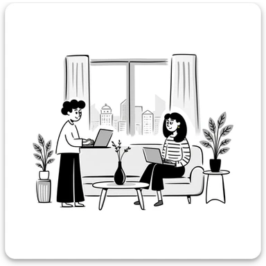 escenary 3d of a cozy mid-century living room with two people working on laptops, one man standing at a desk and one woman sitting on a couch sticker