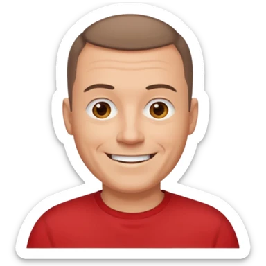middle aged man, buzz cut brown hair, wearing a red t-shirt, smiling sticker