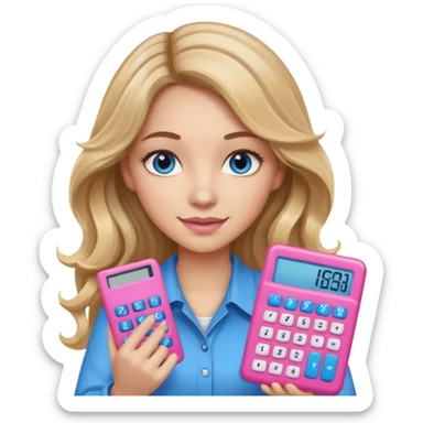 pretty female with long wavy brown hair with blonde highlights and blue eyes holding a pink calculator sticker
