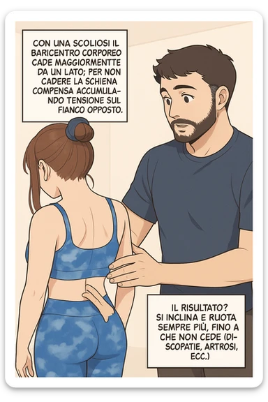 fai questa immagine in versione manga/webtoon a colori, il manga mostra la donna di spalle, mentre l'uomo le tocca la spina dorsale per spiegarle come funziona la scoliosi:
Con una scoliosi il baricentro corporeo cade maggiormente da un lato; per non cadere la schiena compensa accumulando tensione sul fianco opposto.
Il risultato? Si inclina e ruota sempre più, fino a che non cede (discopatie, artrosi, ecc) sticker