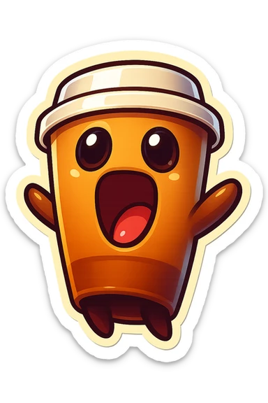 Tall coffee cup, wild, over the top, excited, big eyes, big mouth, screaming, tilted back sticker