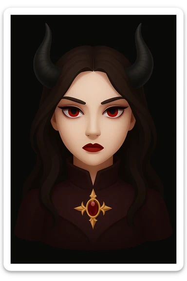 Transform the woman in the image into a demon queen emoji. Give her brown hair, add demon horns, remove the halo and wings, and create a dark, regal vibe with a powerful and majestic presence. Maintain an emoji style with clear, concise features suitable for emoji representation. sticker