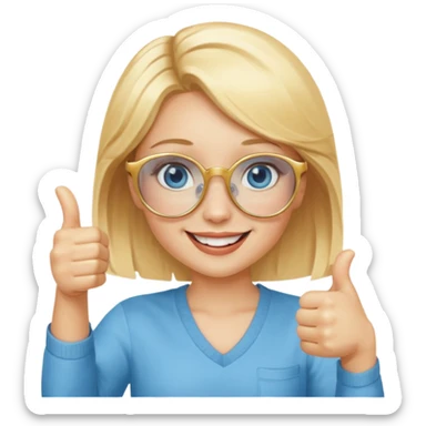 une fille blonde au yeux bleus avec des lunette dorée assez grande joyeuse avec un pouce lever sticker