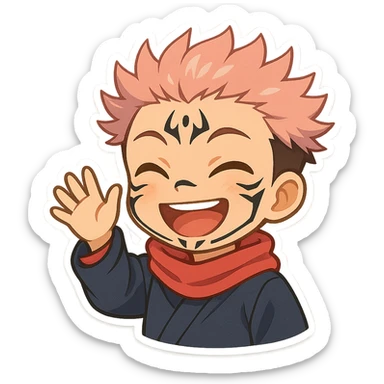 Sukuna in chibi style, waving hand, cheerful, anime-inspired, vibrant colors sticker