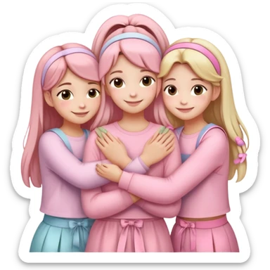 "Four girls hugging each other, all wearing soft pink clothes, two with long hair and two with shoulder-length short hair, smiling, cute iPhone emoji style, with hair accessories like headbands or ribbons, pastel color palette, soft shading, white background" sticker