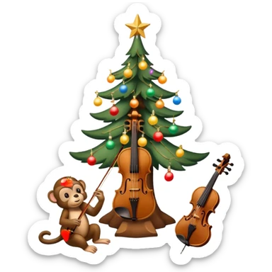 sapin de Noël décoré d'une guirlande lumineuse et de boules  avec un violon à la place du tronc et un petit singe perché au sommet en train de mettre l'étoile de Noël sticker