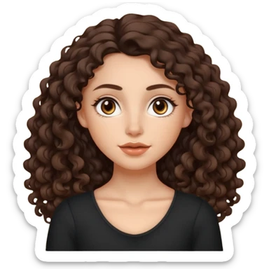 Aesthetic white girl with long curly hair color dark brown, hair most be in front of the shoulders (hair in front of the shoulders, less voluminous). Big almond shape eyes color brown, small wide nose, natural lips, sweet expression. Dressed with a cute tight top color black.  sticker