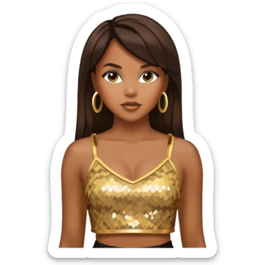 LeToya Luckett with long dark brown hair, gold sequin crop top  sticker