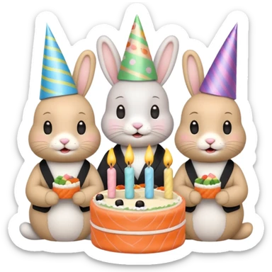 four bunnies together eating sushi at a birthday party, all four bunnies clearly visible, pastel colors, cute, birthday cake, streamers, party hats, festive, varied arrangement, emoji style sticker