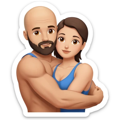 Muscular Bald man with a beard passionately embracing his young brunette wife  sticker