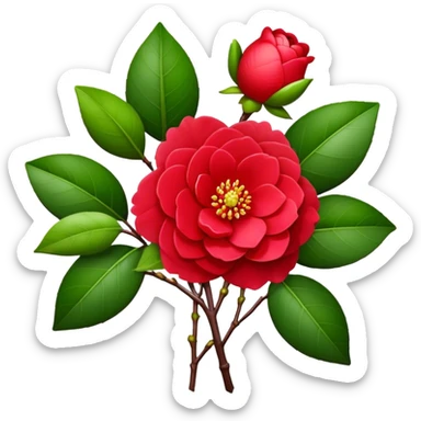 bouquet Red Camellia, luxuriant, stem, leaf, bud sticker