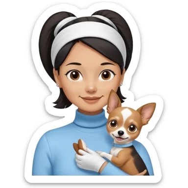tan skin woman, with short black hair in a slicked back ponytail with forehead showing, with white headband, wearing solid pastel blue turtleneck shirt, smiling carrying dark brown-white long-haired chihuahua dog with brown nose sticker