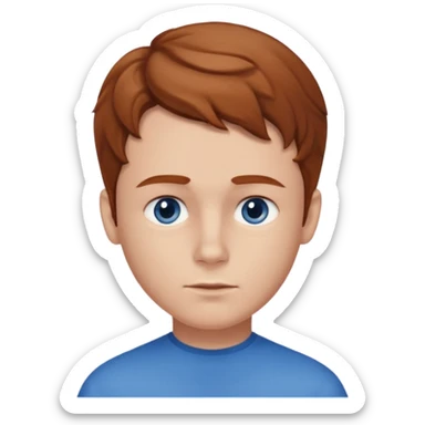 Please generate a portrait of a boy. He has light brown to reddish-brown wavy hair, a right side parting, slightly longer sideburns, blue eyes, a snub nose, and a somewhat pronounced pout. sticker