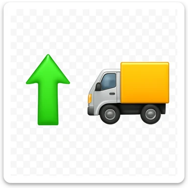 Edit the image to have two clearly separated elements on a transparent background: on the left, a single green upward arrow in Apple-style emoji; on the right, a delivery truck in Apple-style emoji style. Maintain the distinct separation and clarity of both elements. sticker