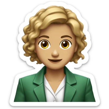 uma jovem de cabelo castanho com mechas loiras de tamanho médio, olhos verdes, vestindo uma blusa branca com blazer, sorrindo e de braços cruzados. sticker