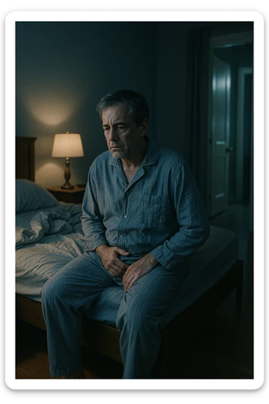 A nighttime scene inside a dimly lit bedroom. A man in his 50s sits stanco sul bordo del letto, con lo sguardo perso nel vuoto, mentre una luce fioca proviene dalla lampada sul comodino. Indossa un pigiama spiegazzato, e si tiene leggermente la zona bassa dell’addome. Dietro di lui, il letto è visibilmente disfatto, segno di sonno interrotto. Una porta socchiusa sullo sfondo mostra la luce accesa in bagno, con il pavimento riflettente che indica i numerosi passaggi notturni. Il tono è cupo ma realistico, con colori freddi, blu e grigi, e un leggero bagliore lunare che filtra dalla finestra. Stile: 35mm film, profondità emotiva, dettaglio ambientale. in italiano sticker