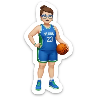 Full Body plus size white female basketball player with short medium brown hair with short spike hair wearing blue glasses 
With a small wide nose wearing blue green uniform  green sneakers smiling wearing silver hoop earrings sticker