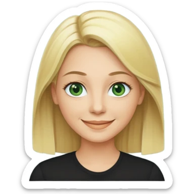 40 yr old blonde straight hair green eyes black shirt smiling sticker