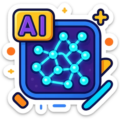 icon illustrating AI, futuristic, glowing neural network, abstract shapes, vibrant toon style sticker