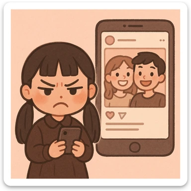 cute stylized digital illustration of a young girl with long dark hair in two low pigtails and blunt fringe, wearing a dark brown outfit, holding a smartphone with an angry, jealous, or annoyed expression; next to her an enlarged phone screen showing a social media post with two friends smiling in a selfie; minimalistic pink-toned background; soft, charming, cartoon-like style; focus on her emotional reaction; humorous and relatable tone sticker