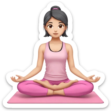Black/grey medium length hair and brown eyes yoga beautiful Indian girl in light pink clothes sitting on a yoga mat sticker