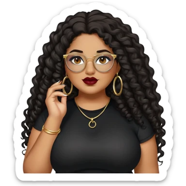 big plus size, latina, darker tan skin, gold hoops, long black curly hair, baddie,pretty, makeup, dark red lipgloss, black eyeliner, long hair, black top, black glasses sticker