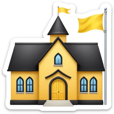 simple magic school, low detail, white background, magic school, black roof, with a big flag, big flag on a roof, big yellow flag, white school sticker