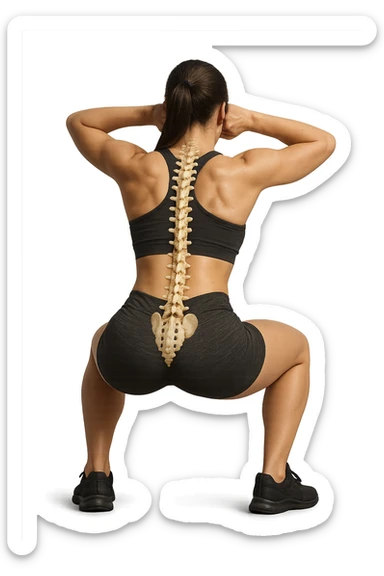 donna di spalle che fa squat con spina dorsale anatomica in evidenza, iperrealistica 4k sticker